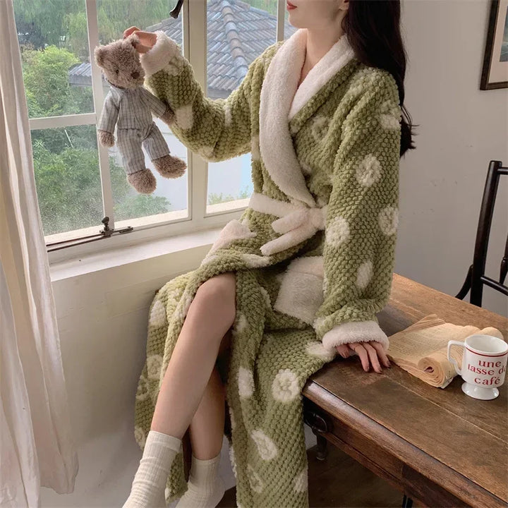 Women's Pajamas Cute Pijama Winter Sleepwear Warm Robe Sets Long Home Wear Bathrobe Plus Velvet Warmth Coral Fleece Nightgown