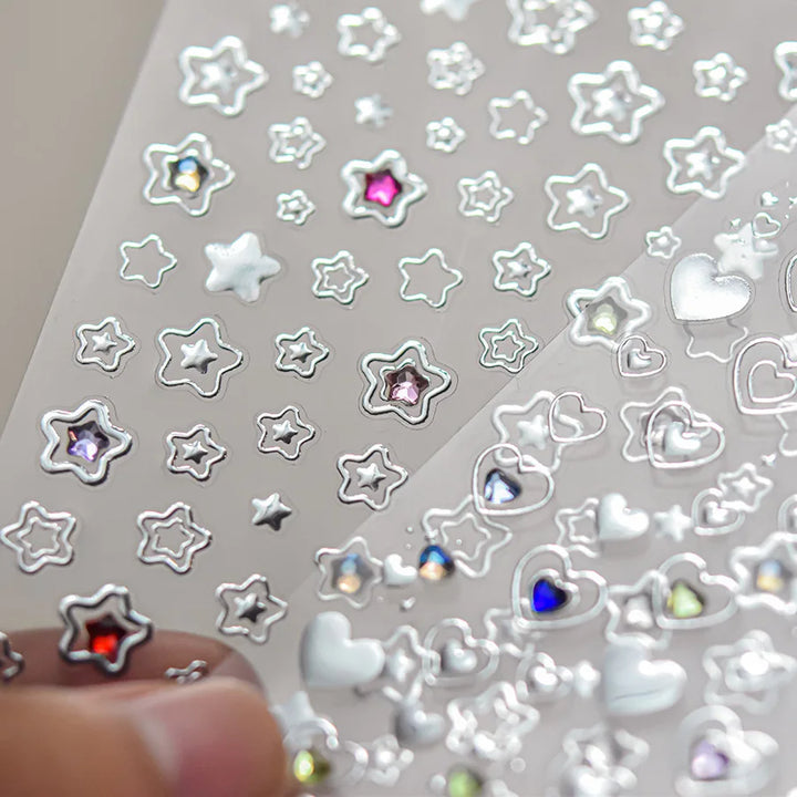 1 piece 5D color crystal star nail stickers high quality love shiny silver hollow smear rainbow flower jelly design nail sticker