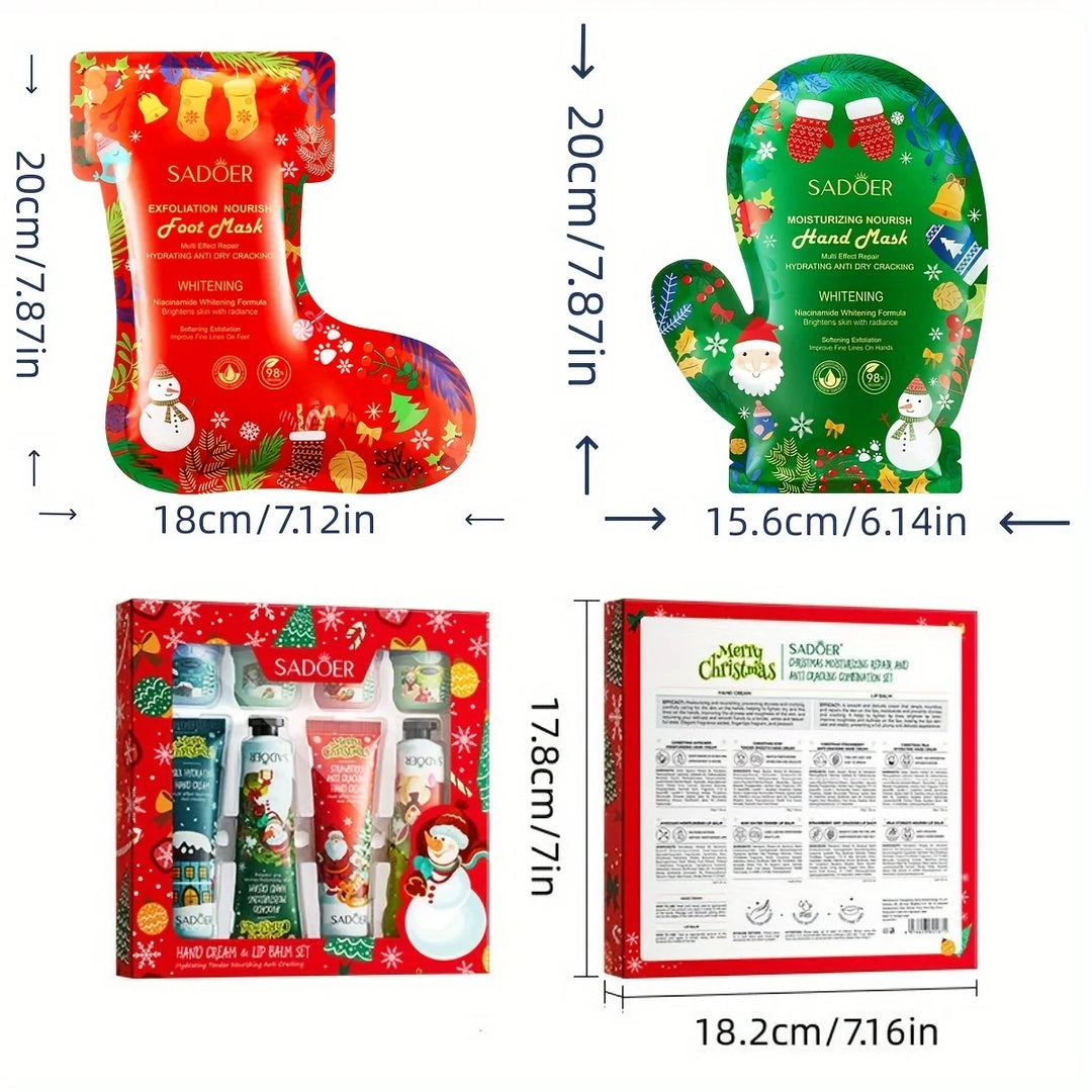 Christmas Skincare Set with Hand and Foot Mask, Lip Mask, Hand Cream, non-sticky, gentle,skincare For all skin, Christmas Gifts