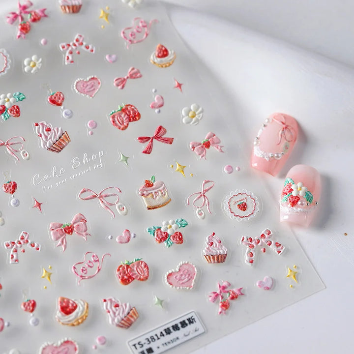 Nail Art Stickers Cute Manicure Decals Lovely Strawberry Muffin Cream Cake Ice Cream Bowknot 5D Embossed Reliefs Self Adhesive