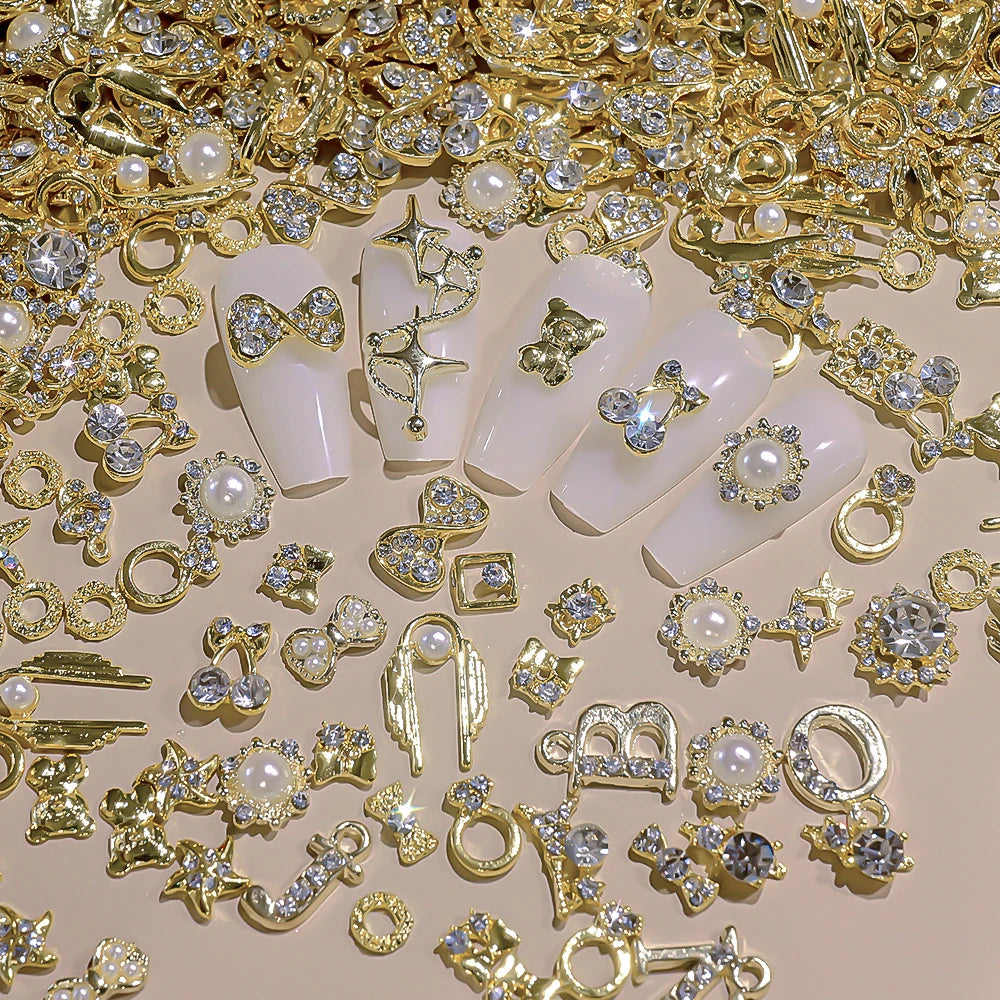 50Pcs 3D Mixed Random Luxury Nail Charms Metal Gold/Silver Butterfly/Bowknot Nail Art Decoration With Crystal Manicure Jewelry