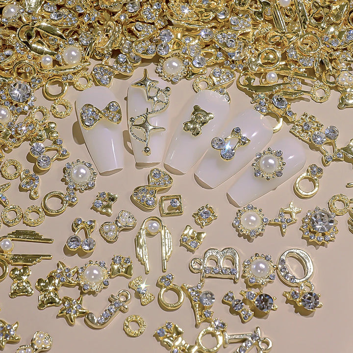 50Pcs 3D Mixed Random Luxury Nail Charms Metal Gold/Silver Butterfly/Bowknot Nail Art Decoration With Crystal Manicure Jewelry