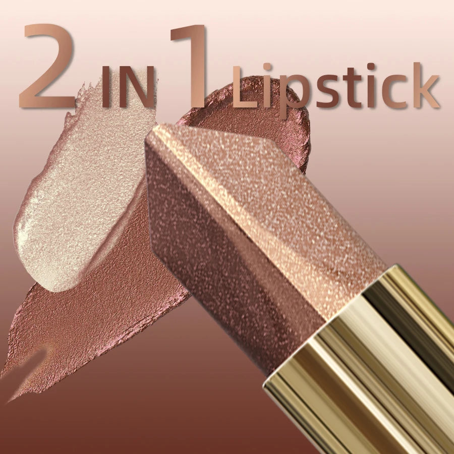 1PC Glitter Matte Tow-Tone Lipstick Velvet Finish Lip Liner Pen Smooth Application Lipstick Makeup for Defined Lips Brown Pink
