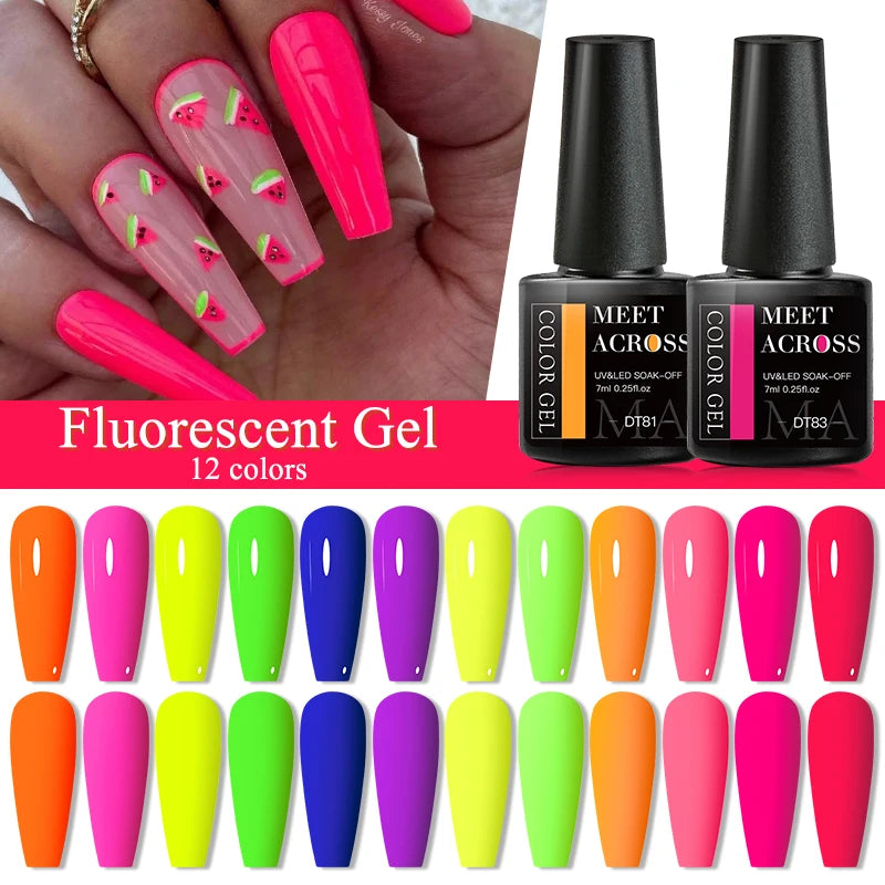 MEET ACROSS 7ml Fluorescent Gel Nail Polish Vernis Summer Neon Semi Permanent UV Gel Varnish Nail Art Manicure For Nails