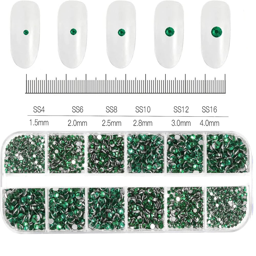 1.5mm-5mm Champagne Glass Crystal Nail Art Gems 12grids Flatback SS4-SS16 Mixed Nail Art Rhinestone Non-Hotfix Diamond Nail Deco