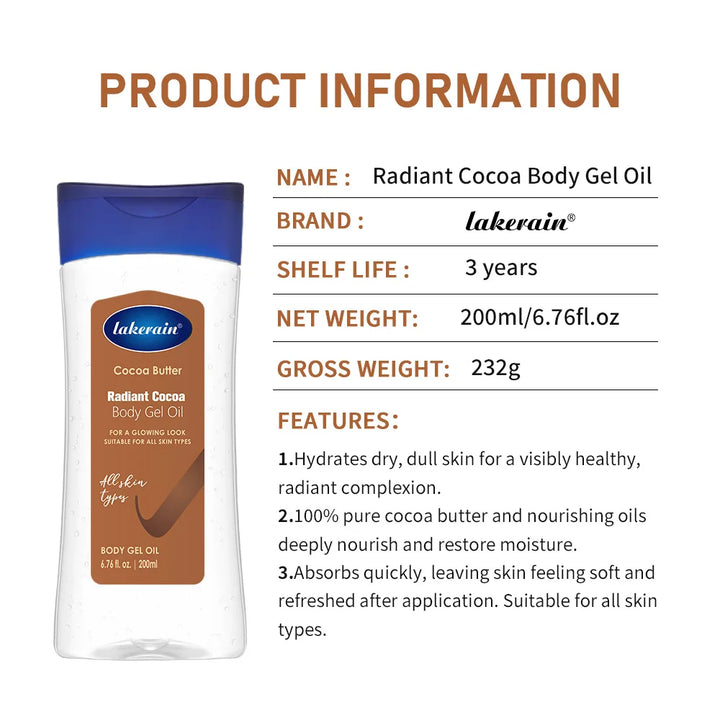 Lakerain Cocoa Butter Gloss Body Oil Moisturizing Nourishing Cocoa Body Gel Oil 200ml Nourishing Cocoa Body Gel Oil Massage