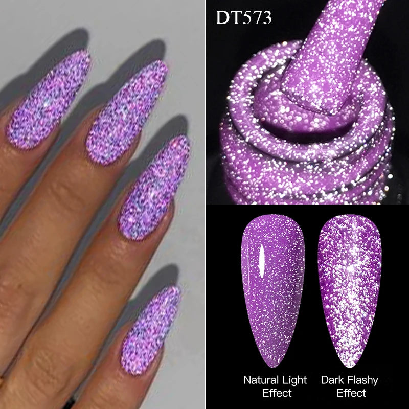 MEET ACROSS 7ml Pink Fluorescent Reflective Gel Nail Polish Glitter Neon Semi Permanent UV LED Gel Nail Art Varnish Manicure