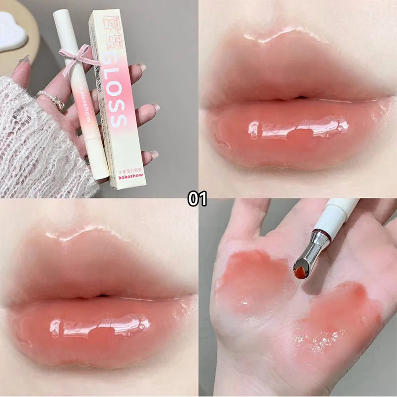 Kakashow Mirror Watery Lip Gloss Iron Brush Head Jelly Lipgloss Moisturizing Lip Tint Lipstick Nature Nude Lips Makeup Cosmetics