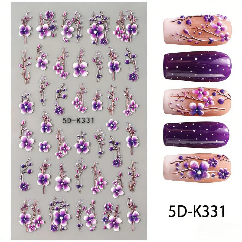 5D Embossed Green Vine Floral Nail Stickers - Matte Finish Self-Adhesive Nail Art Decals with Cartoon-Style Flowers