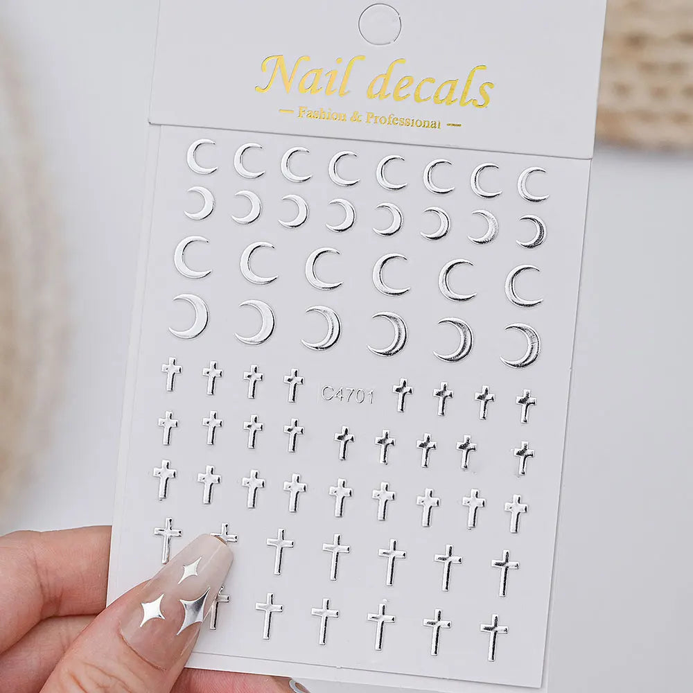 6pcs/set Metallic Silver Star/Moon/Heart Nail Sticker Y2K 3D Metal Mirror Effect Nail Decal 8*10cm Self-Adhesive Nail Decoration