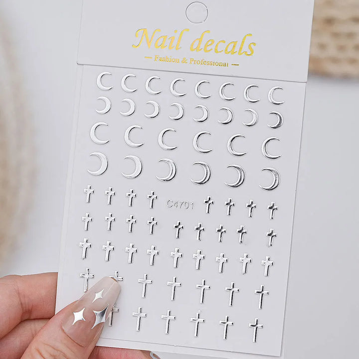 6pcs/set Metallic Silver Star/Moon/Heart Nail Sticker Y2K 3D Metal Mirror Effect Nail Decal 8*10cm Self-Adhesive Nail Decoration