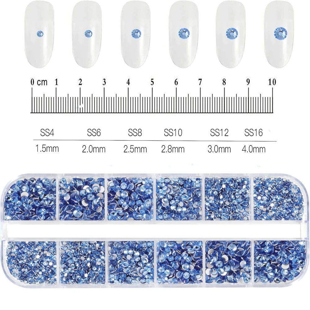 1.5mm-5mm Champagne Glass Crystal Nail Art Gems 12grids Flatback SS4-SS16 Mixed Nail Art Rhinestone Non-Hotfix Diamond Nail Deco