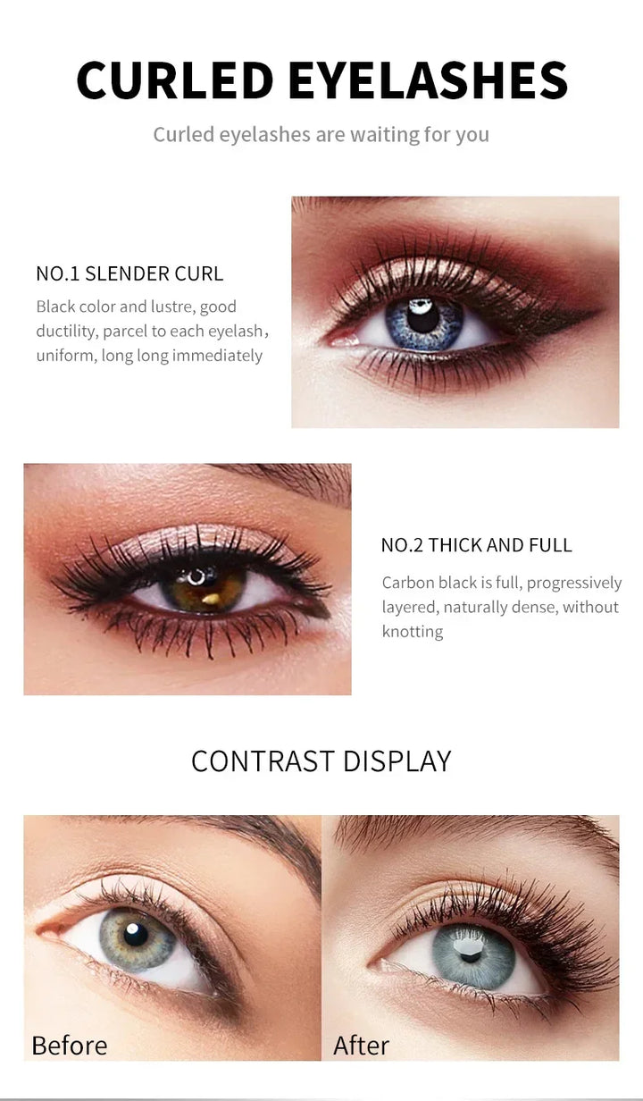 QIC Double Effect 4D Mascara Waterproof Long Curl Natural Thick Eyelash 2-in-1 Black Mascara with 2 Brush Heads