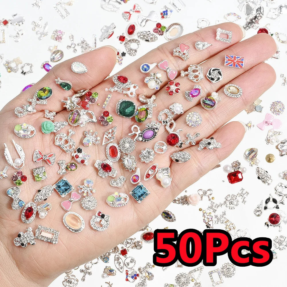 50Pcs 3D Mixed Random Luxury Nail Charms Metal Gold/Silver Butterfly/Bowknot Nail Art Decoration With Crystal Manicure Jewelry