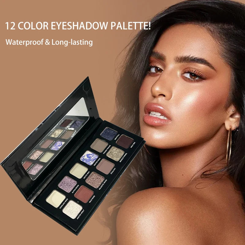 12 Colors Metallic Eyeshadow Palette Pearl Matte Sparkling Shimmer Blue Eye Shadow Highlighter Brighten Glitter Fashion Makeup