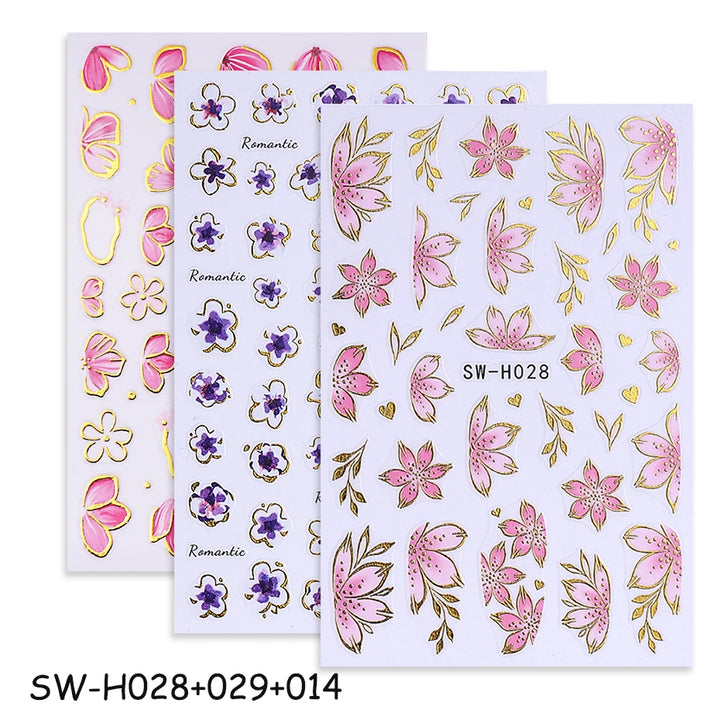 2/3pcs Golden Pink Hibiscus Flower Nail Stickers 3D Bronzing Border Petals Sakura Line Sliders Nail Decals DIY Manicure Decor