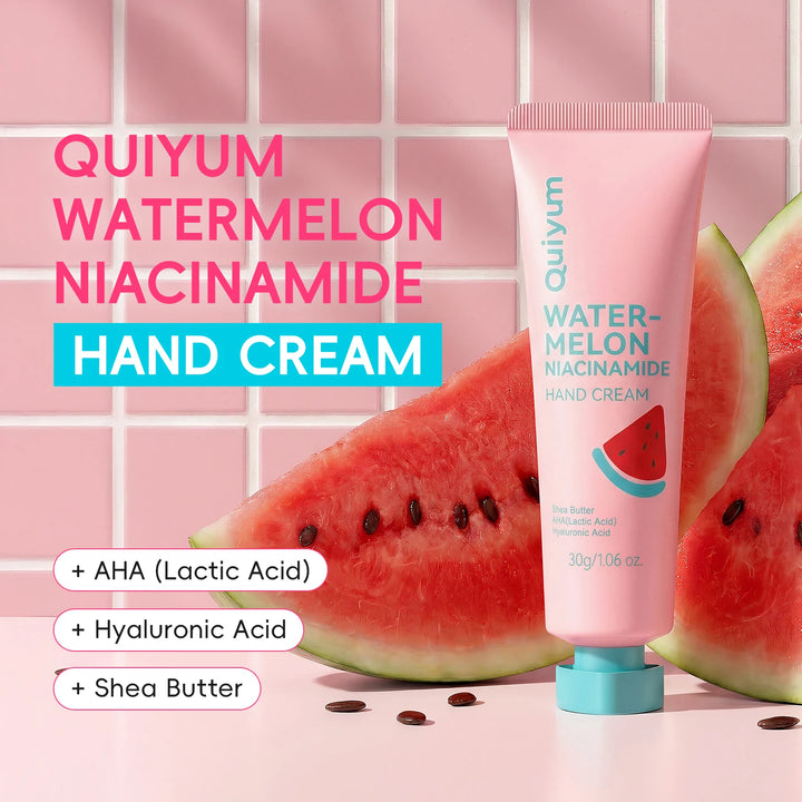 QUIYUM 2Pcs Watermelon Skin Care Set, Hyaluronic Acid Lip Balm 3g + Niacinamide Hand Cream 30g Moisturizing Hand Lip Repair Kit