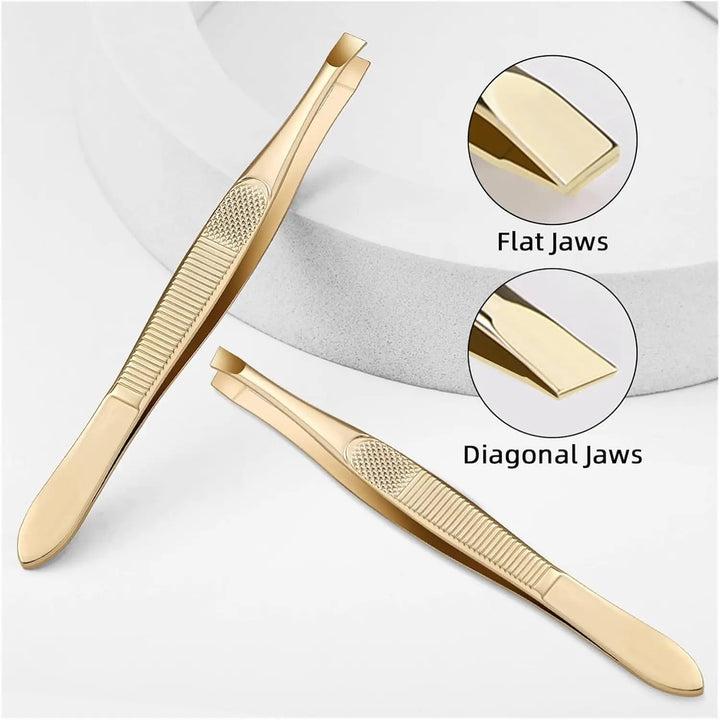 A Gold Stainless Steel Eyebrow Tweezers, With Flat And Oblique Styles, Plucking Eyebrows And Beard Pliers Tweezers Tools