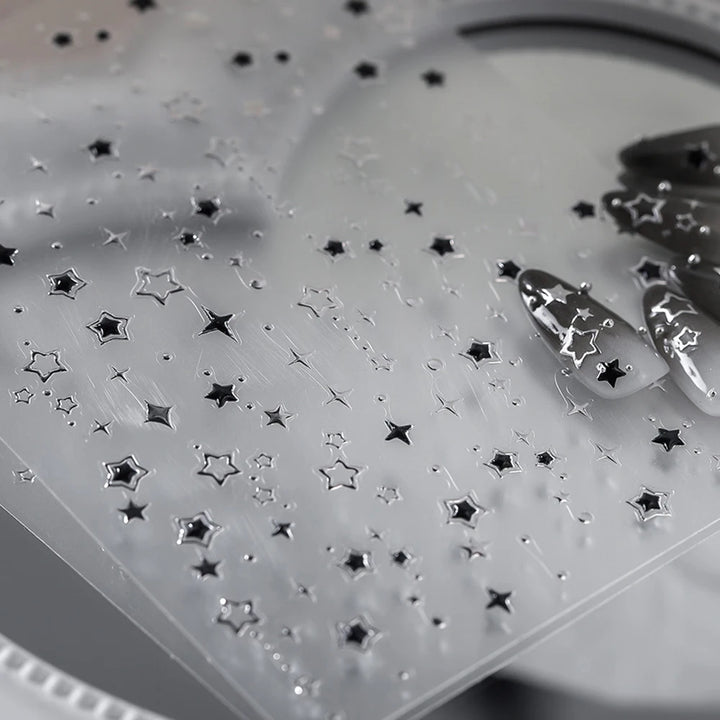 5D Luxury Star Nail Stickers for Nail Art Stars Black Silver Nail Decals Gilding Hollow Out Five-Pointed  Nail Art Design Slider