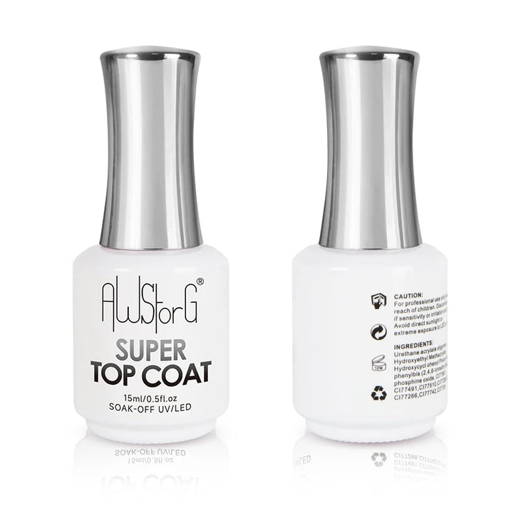 AWStorG 15ML Super Top Coat Nail Art Gel Varnish Semi Permanent Soak Off No Wipe UV Gel Varnish Shining Clear Top Coat