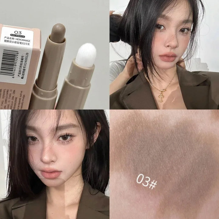 Double Head Contour Stick Bronzer with Brush Face Nose Shadow Cream Contour Pen Waterproof Lasting Contouring Makeup Cosmetics