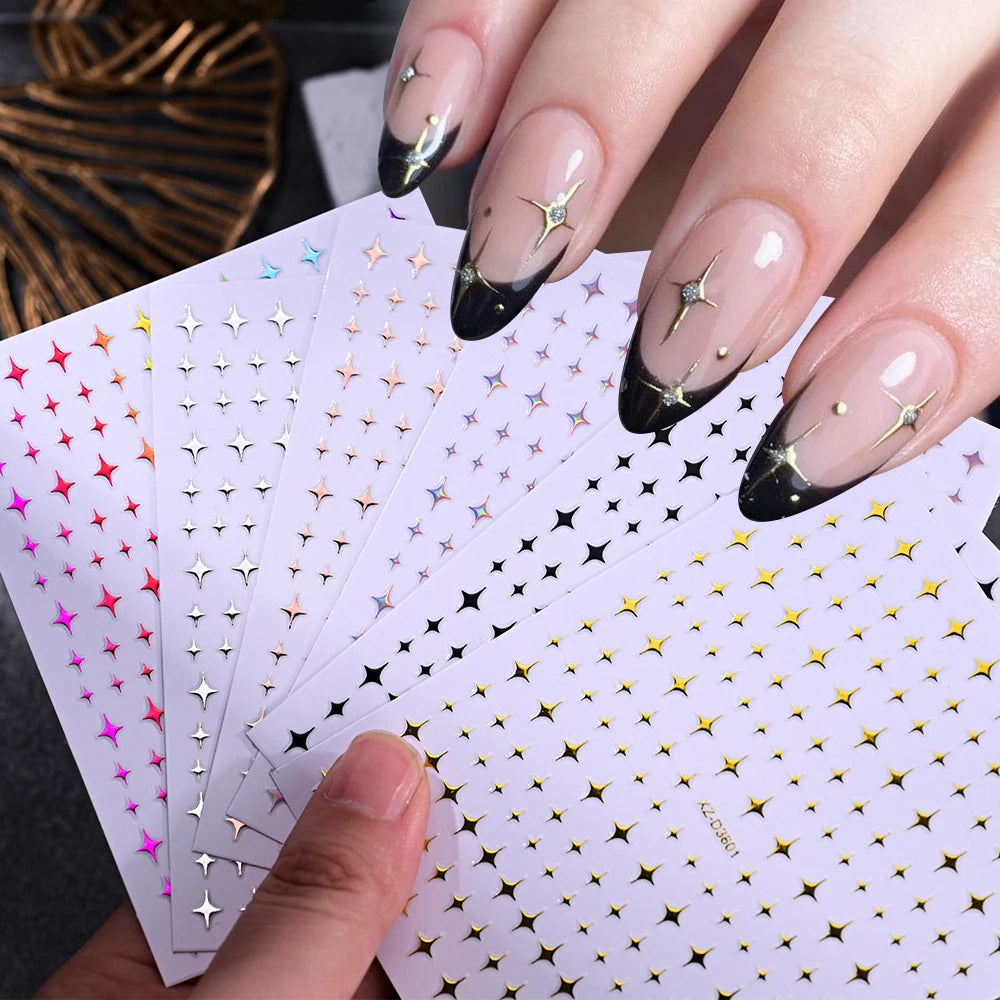 6pcs/set Metallic Silver Star/Moon/Heart Nail Sticker Y2K 3D Metal Mirror Effect Nail Decal 8*10cm Self-Adhesive Nail Decoration