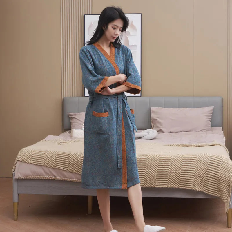 Cotton Bathrobe for Couples Spring and Summer Thin Style Short Sleeve Pajamas Clothes Women Absorbing and Quick Drying Bathrobes