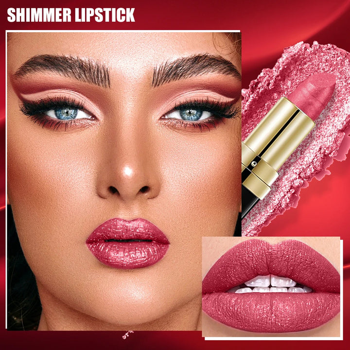 Pearly Glitter Velvet Lipstick,Metallic,Waterproof,Long-lasting,Shimmer,Diamond Lipstick,Glitter Lip Gloss, Lip Cosmetic Makeup