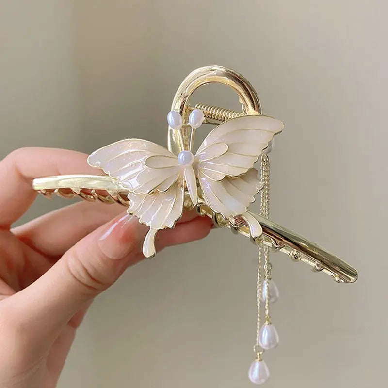 Light Luxury Metal Hair Claw Clips White Flower Hair Pins Shiny Rhinestone Ponytail Holder Pearls Tassel Hair Jewelry for Women