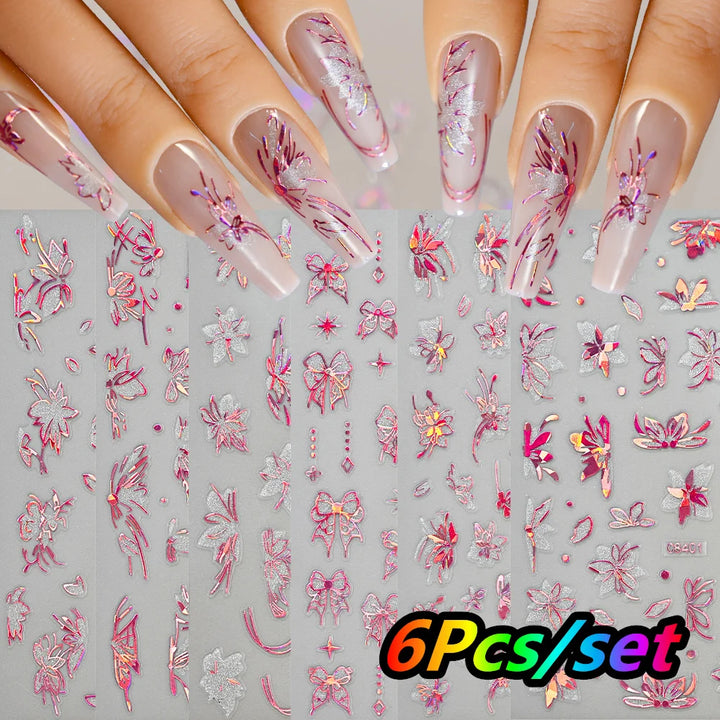 4/6Sheet/Kit Holographic Rainbow Love Heart Nail Sticker 3D Laser Heart Nail Decal Self-Adhesive Love Heart Manicure Slider &*&