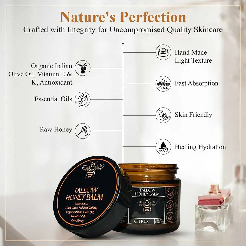 Organic Grass Fed Beef Tallow Balm With Raw Honey Moisturizing Cream For Soft Smooth Skin Handmade All-Natural Moisturizer Skin