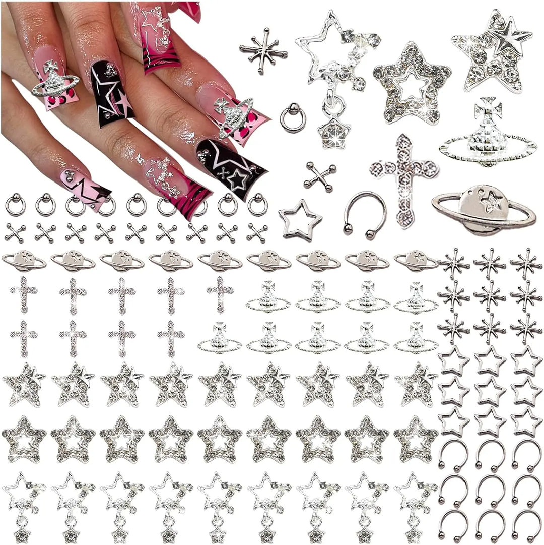 70PCS Star Nail Charms for Acrylic Nails,Silver Star Planet Cross Alloy Nail Art Decoration, Nail Stones Nail Jewels Accessorie