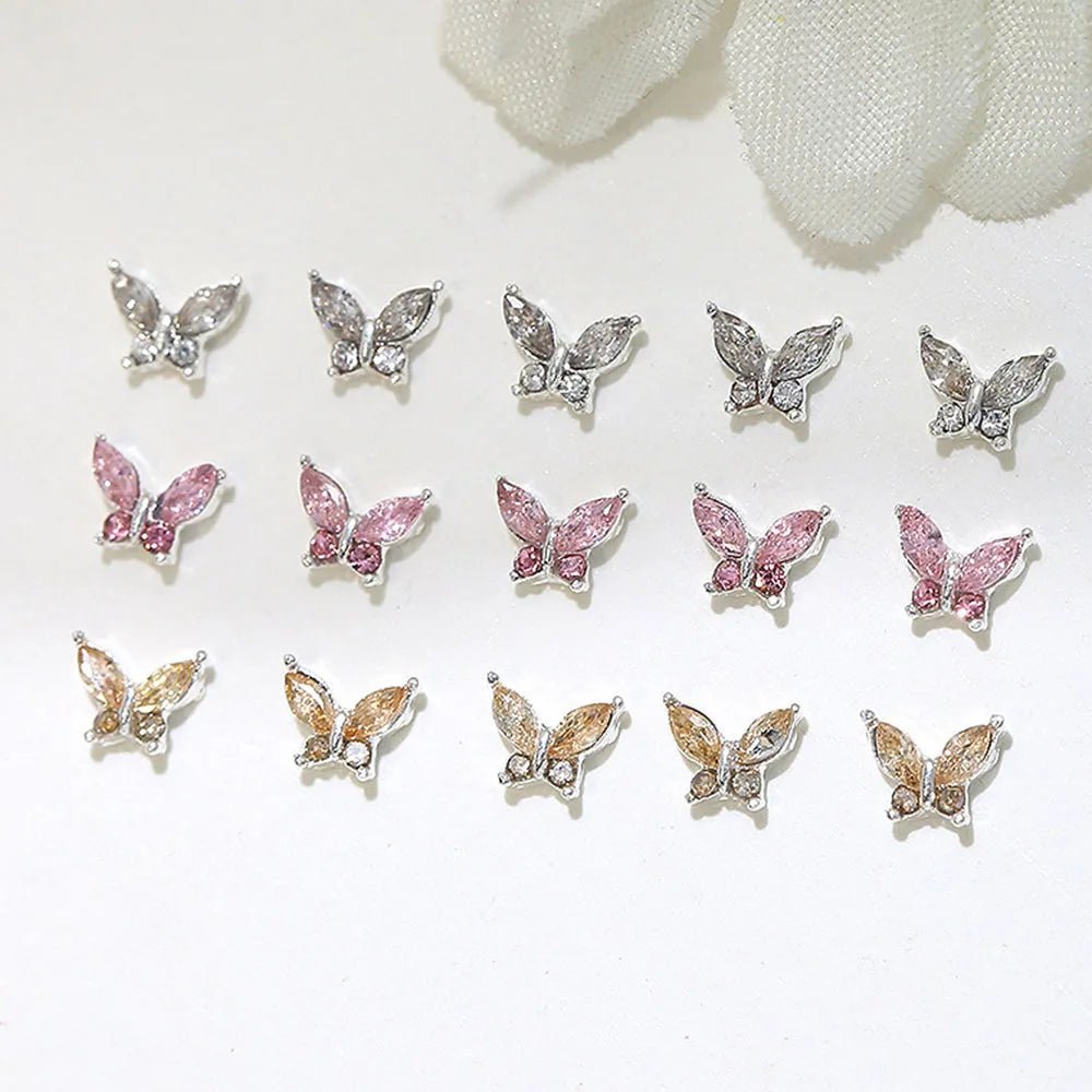 10pcs Mini 4*5mm Crystal Butterfly Nail Art Charms 3D Diamond Jewelry Parts Pink Clear Metal Manicure Decoation Rhinestones Gems