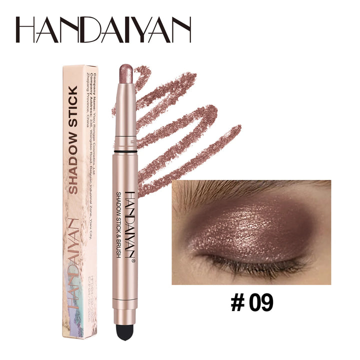 12 Colors Waterproof Eyeshadow Stick Long Lasting Metallic Shimmer Highlighter Cream Pen with Brush Double Head