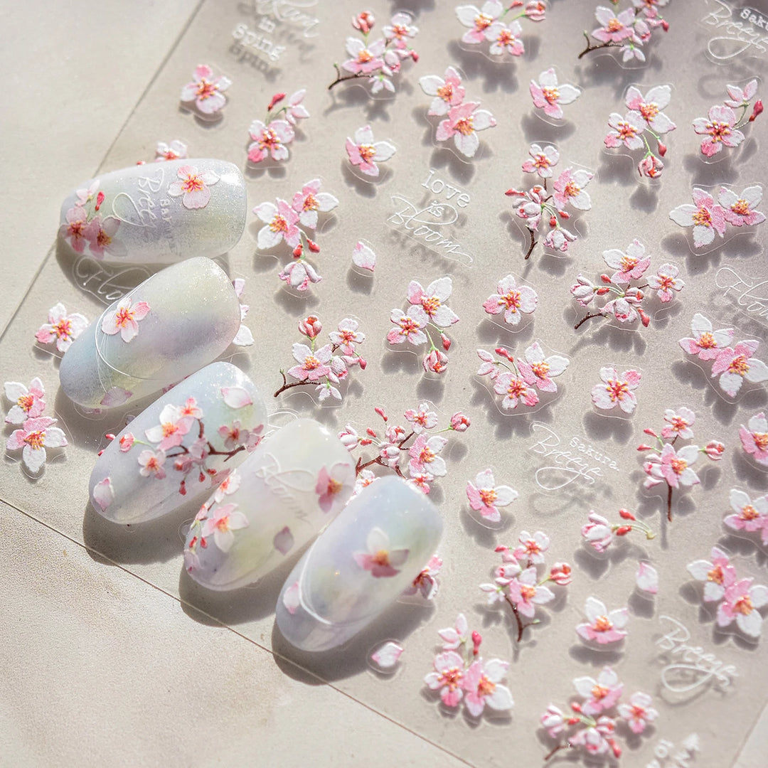 Flowers Blooming Cherry Blossom Sakura Living Peach Branch 5D Soft Relief Spring Adhesive Nail Art Sticker Chic Manicure Decals