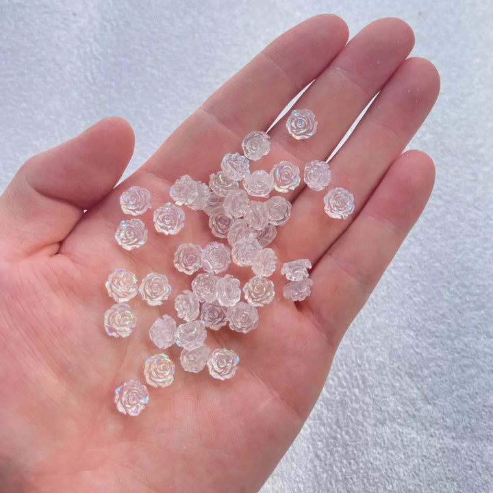 50pcs Cute New Resin Mini 3D White Plated Rose Nail Rhinestones Gems Glitter Nail Art Jewelry Manicure Nail Art Decorations