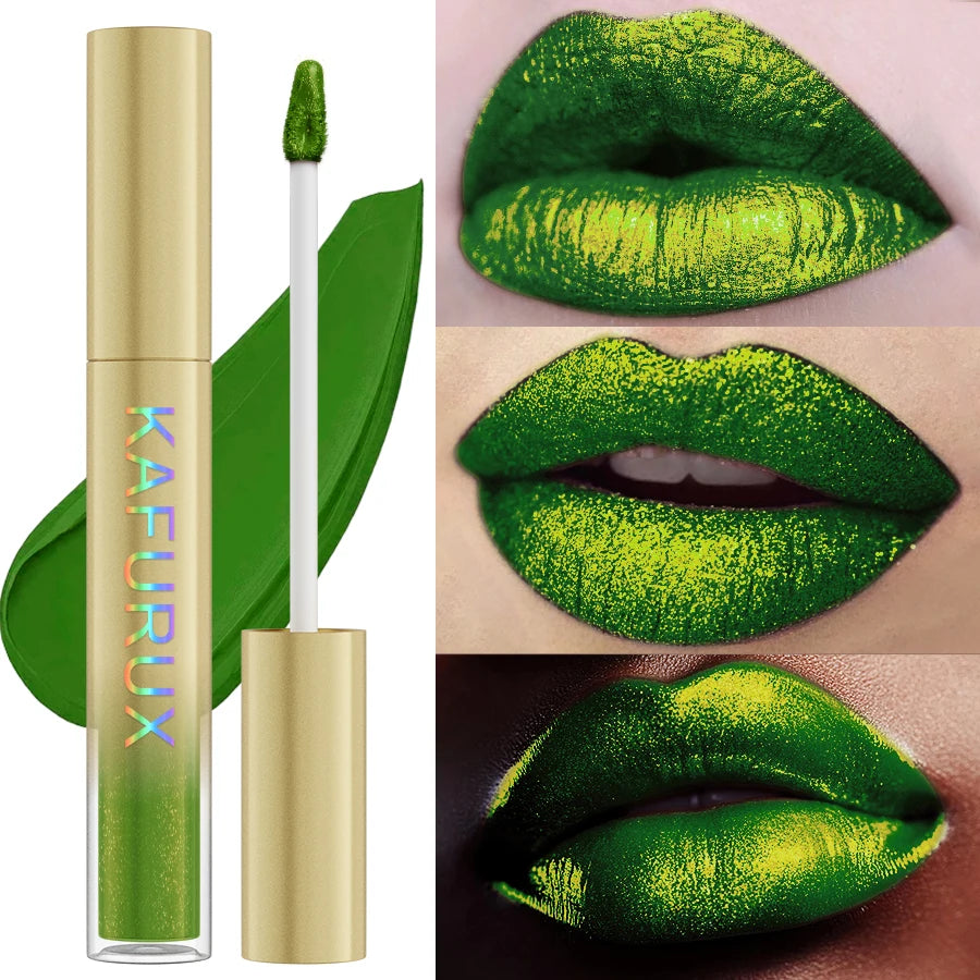 Metallic Green Lip Glaze Waterproof Liquid Lipstick Highly Pigment Lip Tint Makeup Glitter Lip Gloss Gifts Shine Lip Stain