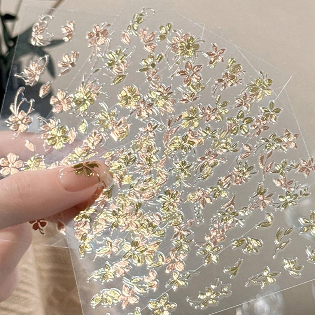 Vintage Golden Foil Nail Art Stickers - Embossed Peony Flower & Jade Leaf Design, Self-Adhesive, Single Use
