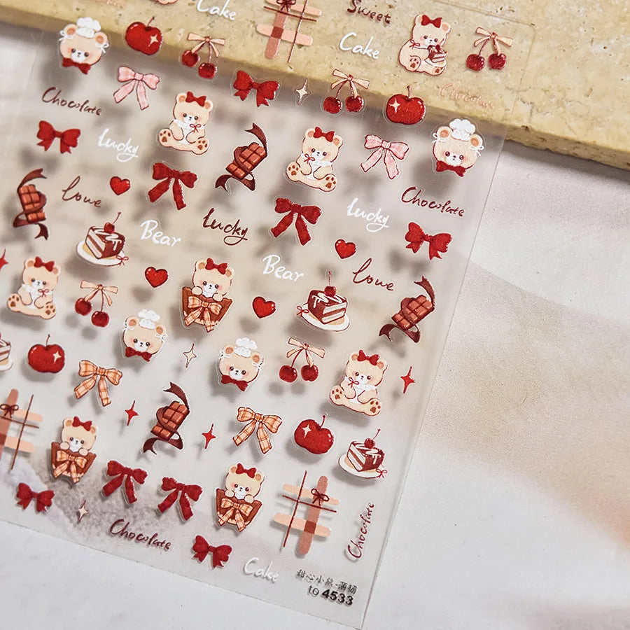 1PCS 5D Embossed Nail Sticker Cute Gray Cake Teddy Bear Bow Cartoon Nail Art Stickers Self Adhesive Nails Decorations Decals DlY