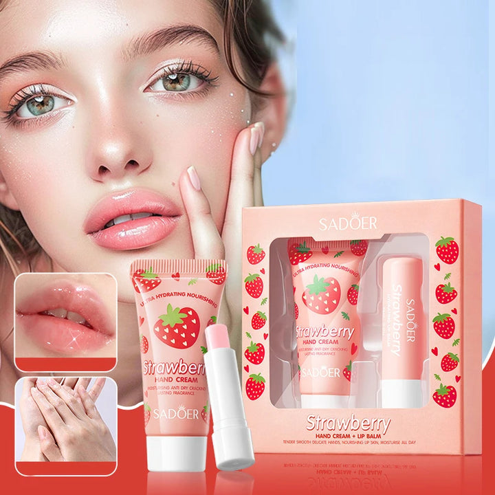 Strawberry Hand Cream and Lip Balm Set - Deeply nourishing, a winter must-have, soft and hydrating to lock in moisture