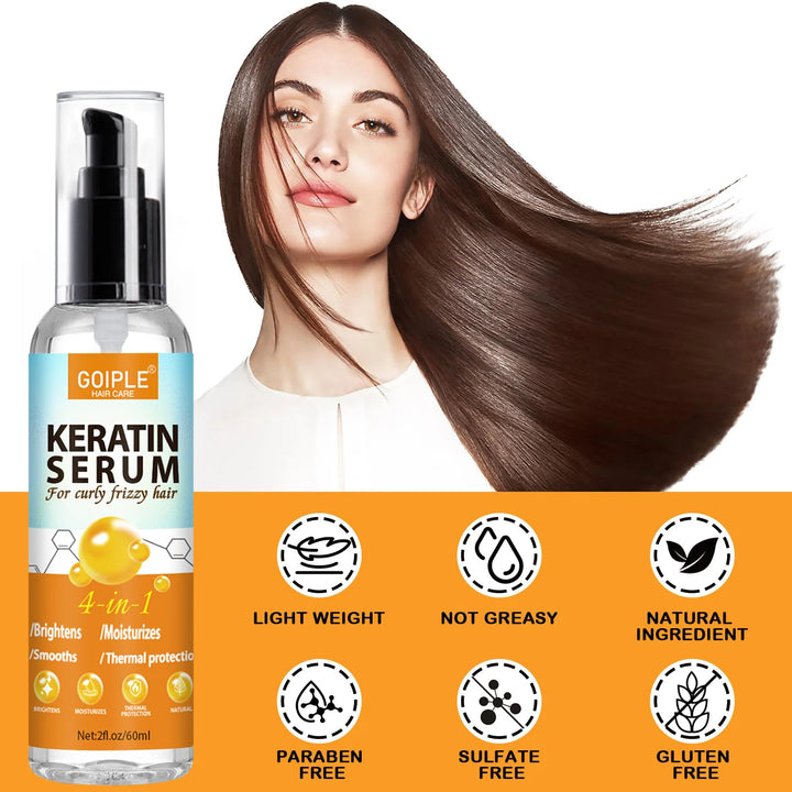 GOIPLE 4 in 1 Water-Based Keratin Serum Moisturizer Repair Dry Damaged Hair Smooth Control Frizz Oil Essence for Curly Frizzy