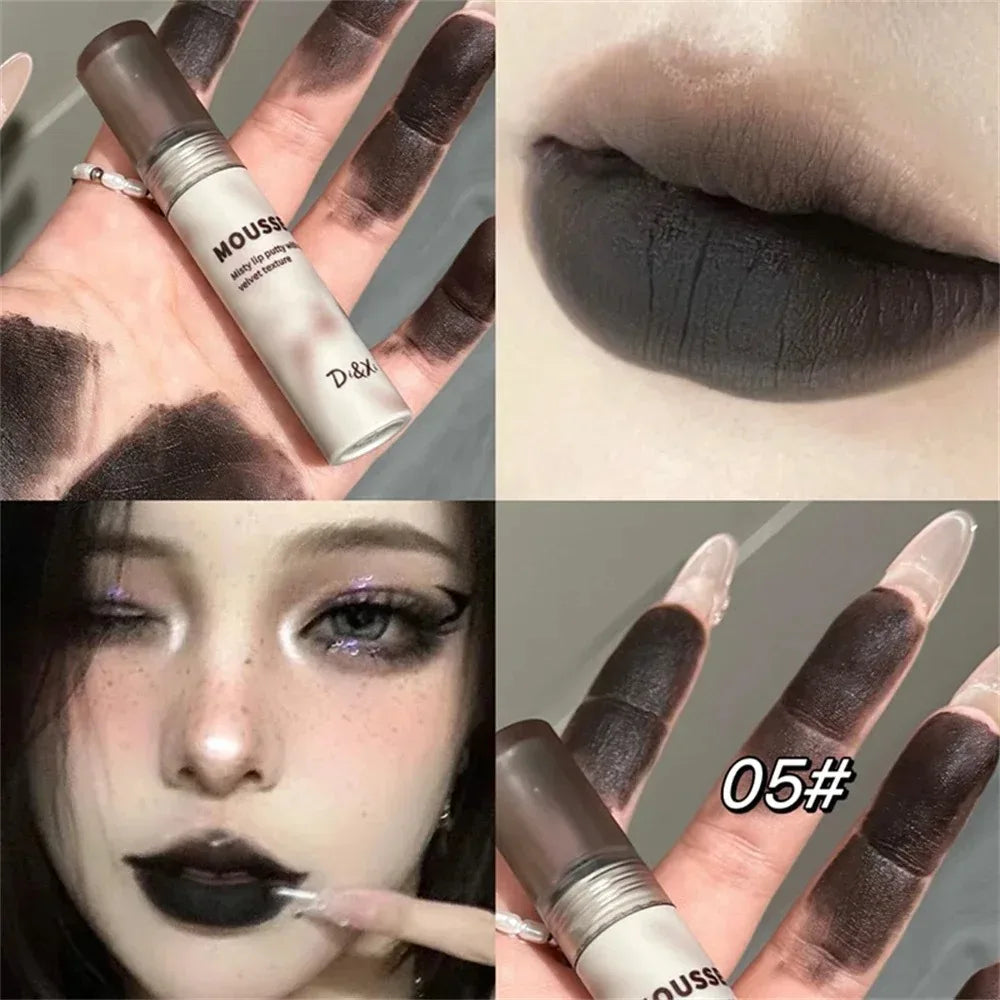 Punk Black Gothic Lip Gloss Matte Dark Brown Lipstick Nude Lip Tint Waterproof Velvet Liquid Lipstick Lip Satin Korean Cosmetics