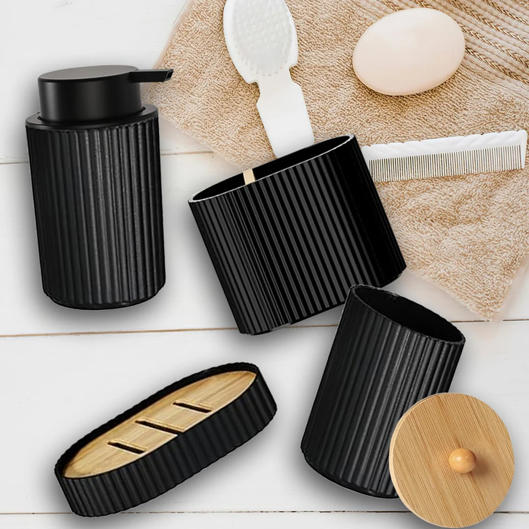 1set Bathroom Accessories Black Bath Toothbrush Holder, Foam Soap Dispenser, Cotton Ball Box and Soap Dish for Decorative