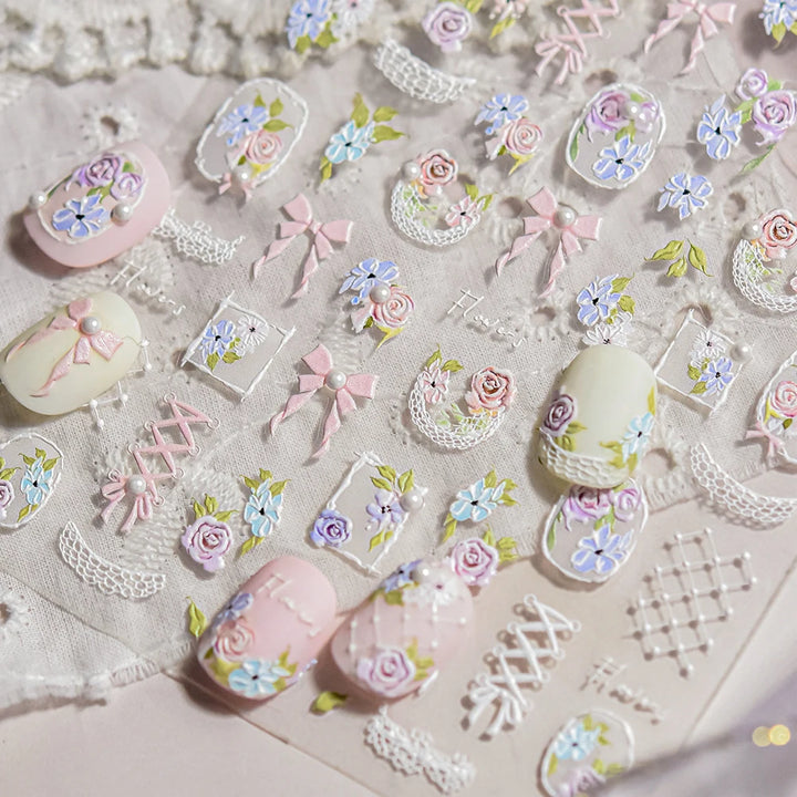 Lace Garden Bowknot Bow Tie Rose Flower Petal Pearl Irregular Border Self Adhesive 5D Nail Art Decoration Sticker Manicure Decal