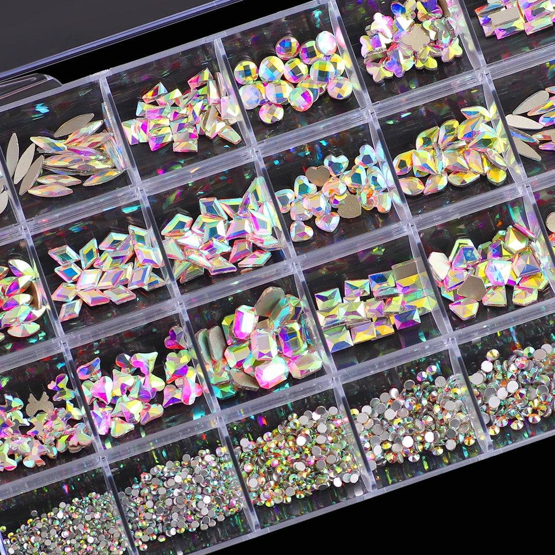 1 box of multi -shaped 3D nail diamond kits -24 AB crystal gem grids, flat -bottom nail art accessories multi -style nail suppli
