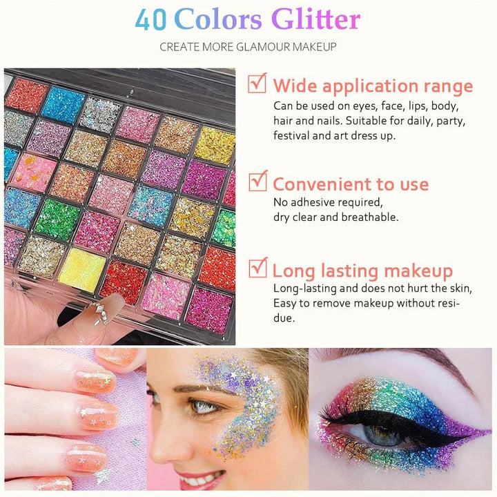 40 Colors Glitter Palette Face Glitter for Women Sparkling Eye Hair Body Paint Glitter Gel for Halloween Christmas
