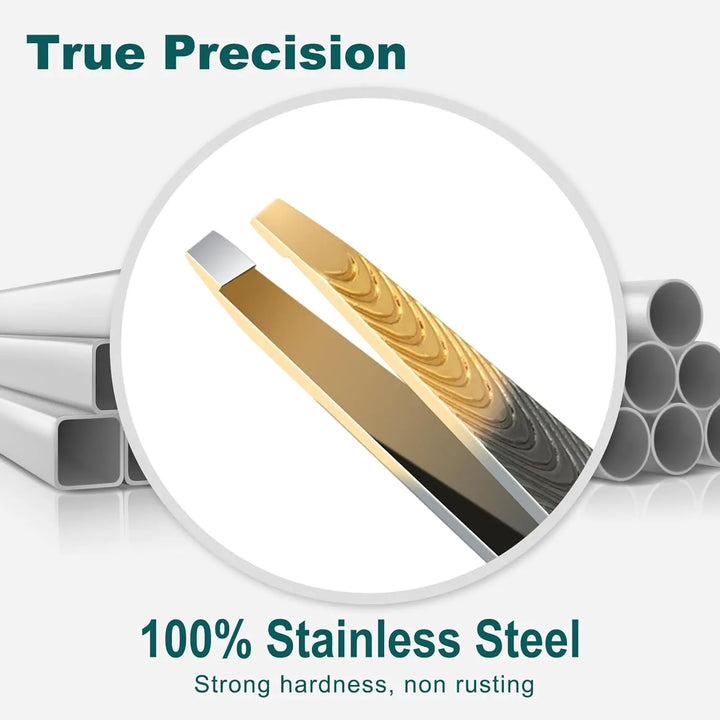 Precision Lash Tweezers - Tool for Plucking Ingrown Facial Hair, Lashes, Eyebrows - Slanted Stainless Steel Tips - Gray-Gold