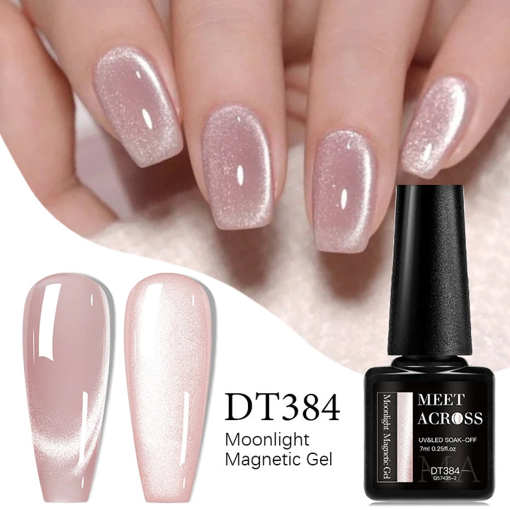 MEET ACROSS 7ml Porcelain White Cat Eye Gel Polish Holographic Glitter Magnetic Galactic Effect Gel Nail Polish Soak Off UV Gel