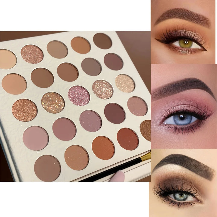 25-Color Eyeshadow Palette Earth Tones Matte & Shimmer Autumn Winter Low Saturation Orange Brown Makeup with Brush