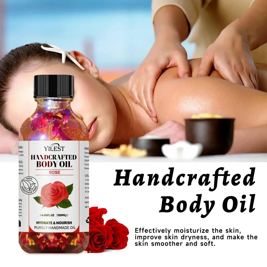 Handcrafted Rose Body Oil - 120ml Natural Blend for Dry Skin, with Jojoba & Sweet Almond Oil for Deep Hydration & Glowing Skin